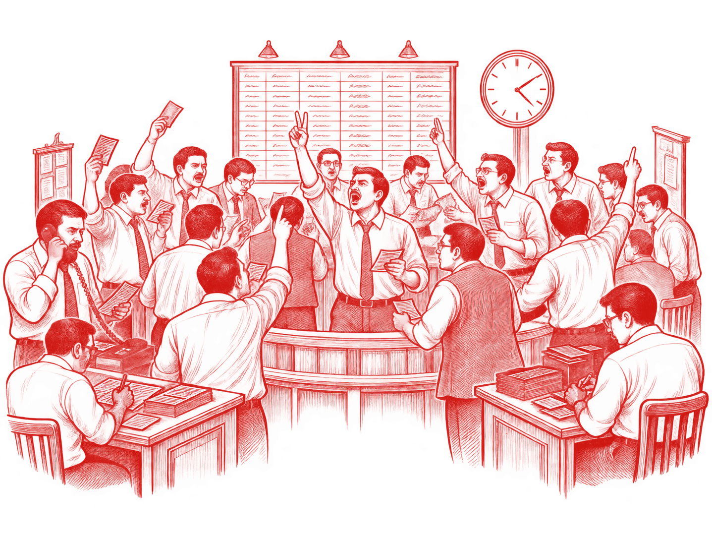 Red drawing of brokers on a stock exchange floor